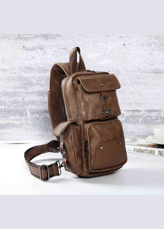 Чоловіча сумка-рюкзак на груди зі штучної шкіри з широкими лямками коричнева (sku_509) No Brand (346078159)
