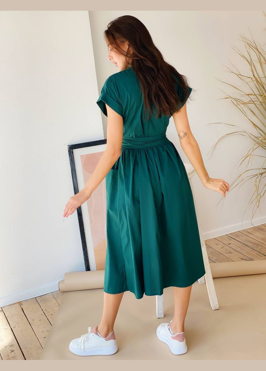 Изумрудное праздничный, кэжуал, вечернее стильное платье меди на запах со свободным низом Vakko однотонное