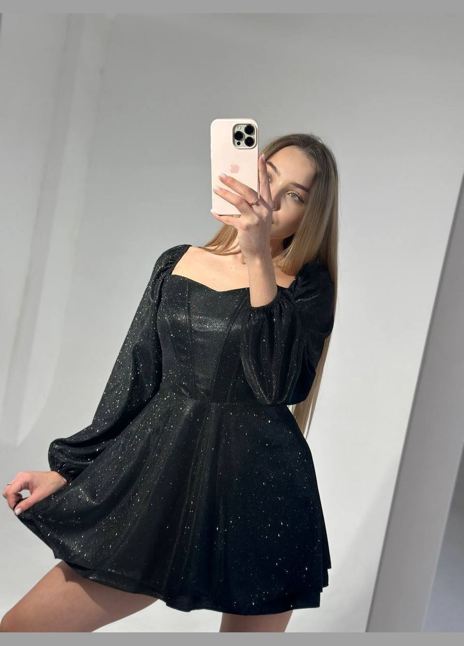 Черное коктейльное, вечернее корсетное платье из люрекса клеш, с корсетом Style Point однотонное