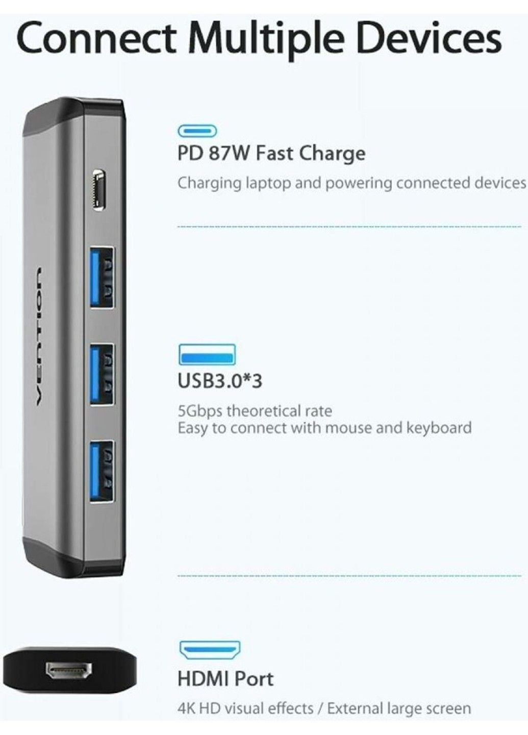 USB-хаб Type-C to HDMI/USB3.0*3/PD Converter 0.15M Gray Metal Type (CNBHB) Vention (369457730)