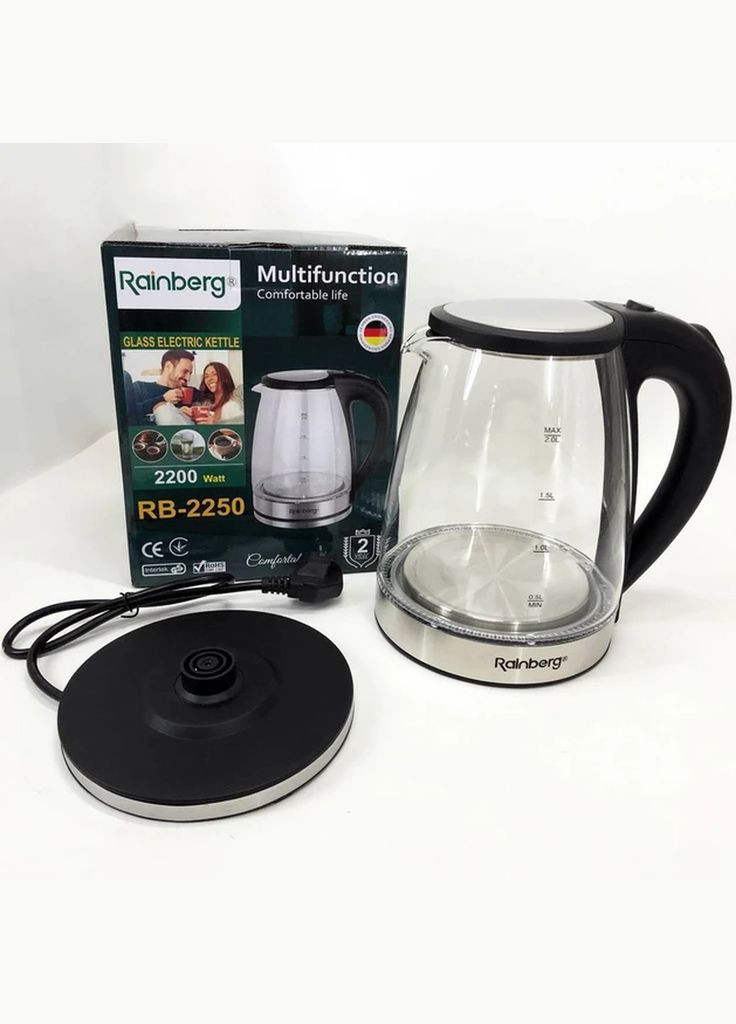 Електричний скляний чайник з LED підсвічуванням 2200 Вт 1.8л Rainberg RB-2250 (300076759)
