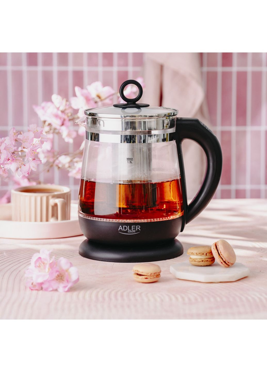 Стеклянный электрический чайник с заварником 1.5 л AD 1299 (2200 Вт, автовыключение, стильный) Черный Adler (366421984)