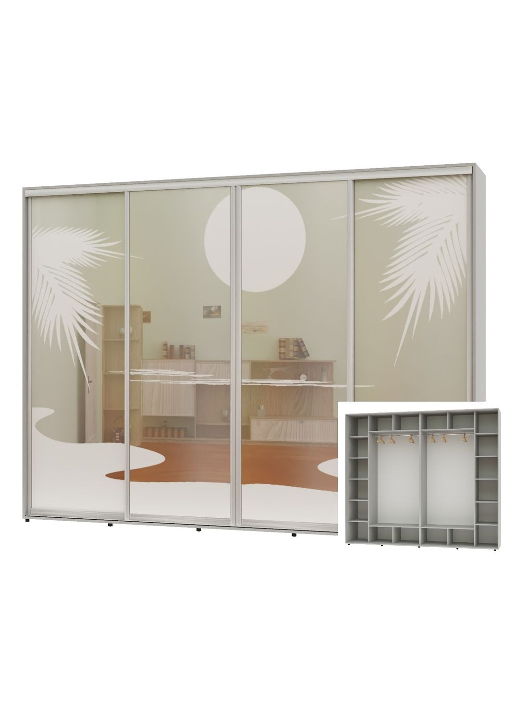 Шкаф-купе четырехдверный 300*60*230 Серый Зеркало с пескоструйным рисунком Алекса (360465183)