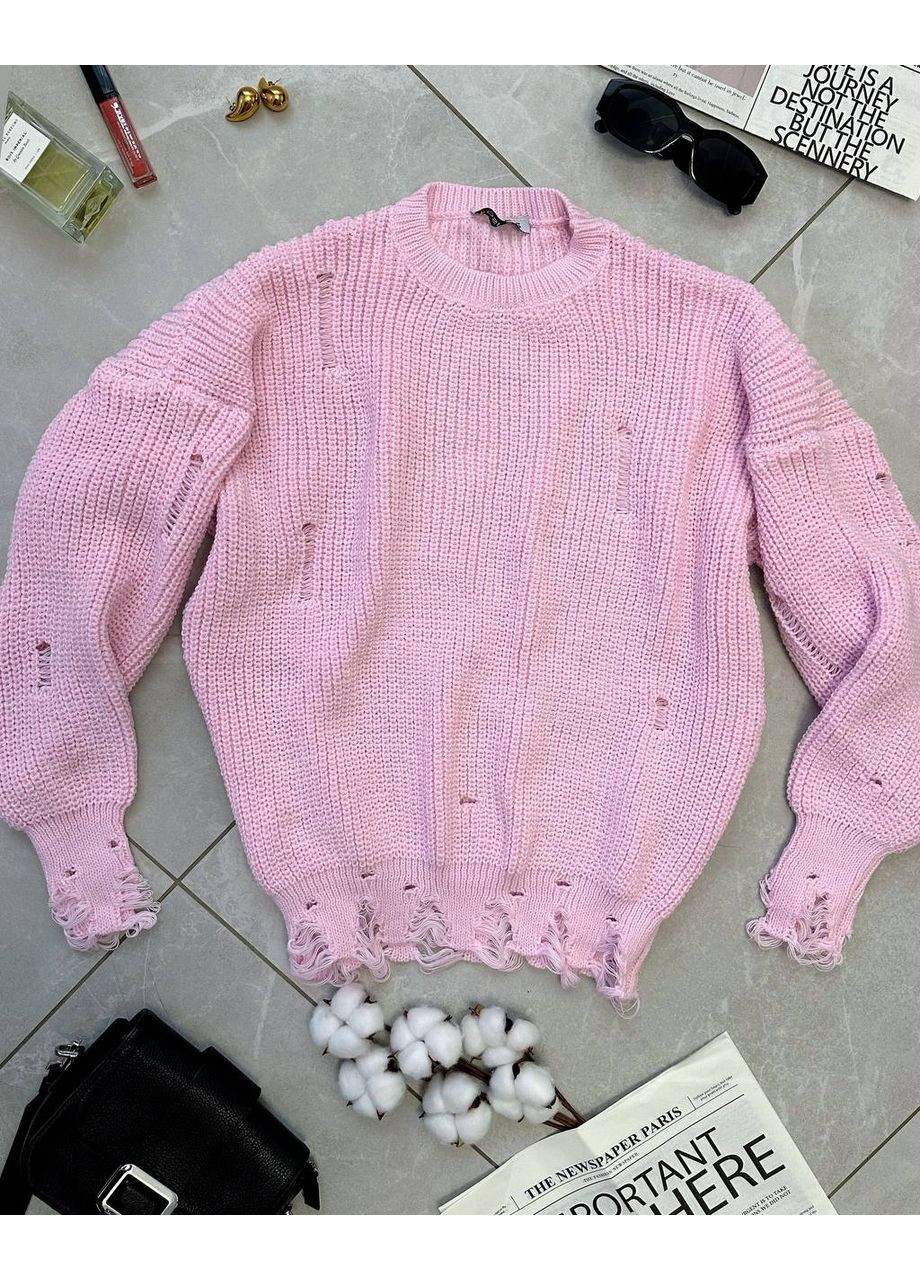 Светло-розовый демисезонный свитер женский рваный пуловер Style Point