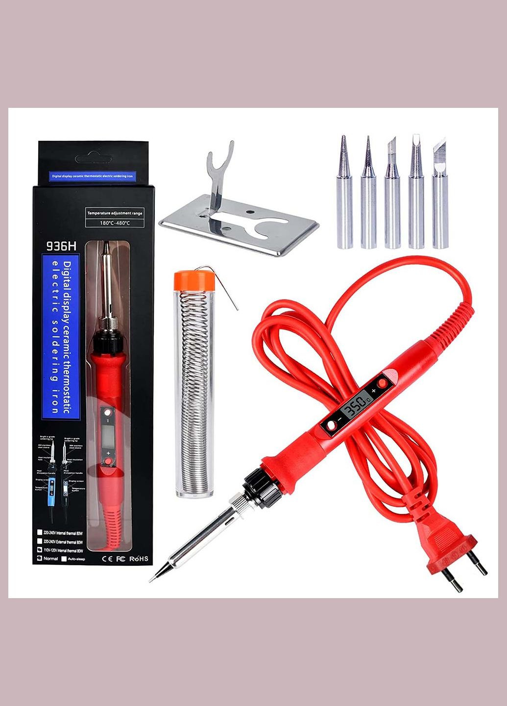 Паяльный набор, паяльник 80 Вт, регулировка температуры 180-480°C, жала 900М 5 шт, олово, подставка No Brand (322566773)