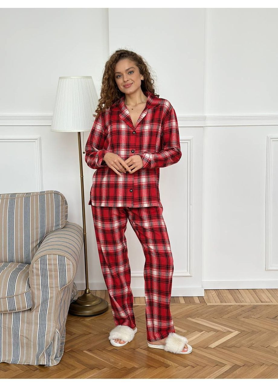 Червона всесезон піжама жіноча домашній костюм в клітинку сорочка + брюки No Brand