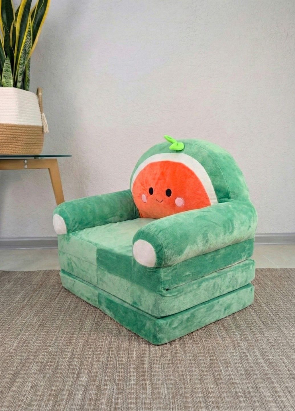 Детское кресло игрушка Арбуз зеленый плюшевое раскладное в кровать Lalapka (371899372)