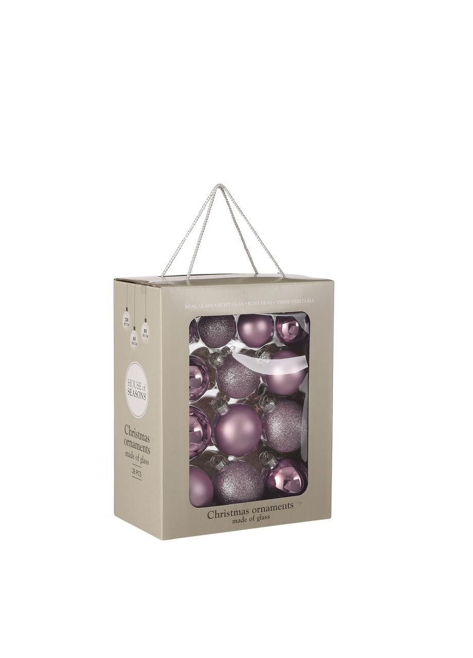Елочные стеклянные шарики House of Seasons 26 шт сиреневые для украшения елки новогодние игрушки ProDobro (367265747)