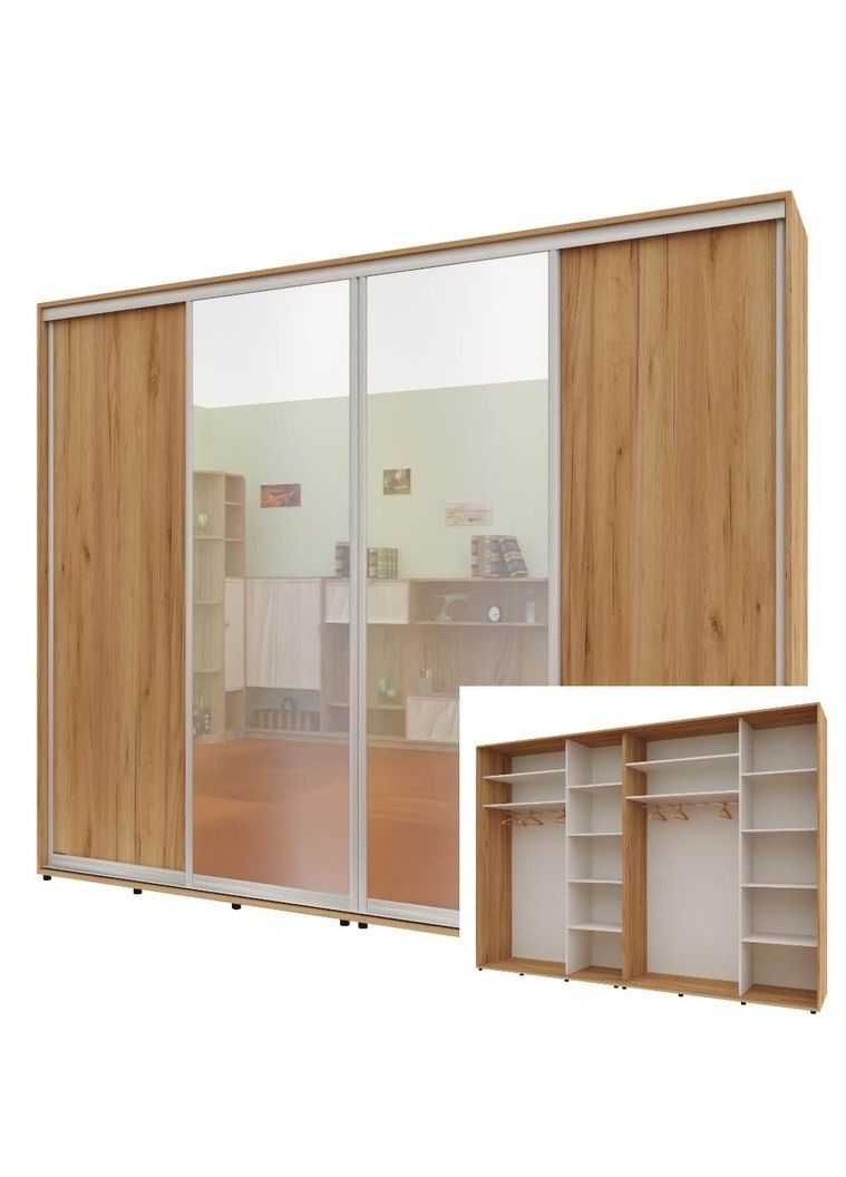 Шкаф-купе четырехдверный Комфорт Мебель 300*45*210 см Дуб золотой ДСП + Зеркало + Зеркало + ДСП Стандарт Комфорт Меблі (360438525)