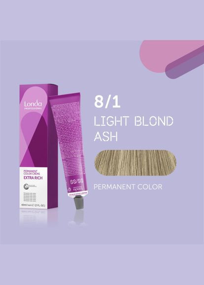 Стійка кремфарба для волосся Professional Permanent Color 8/1 світлий блондин попелястий, 60 мл Londa Professional (292736298)