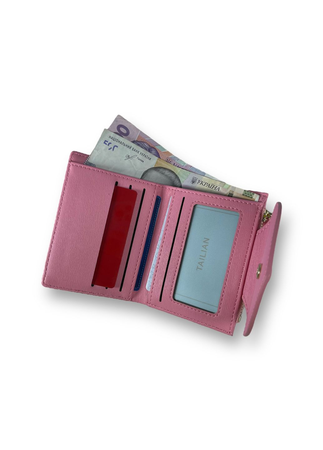 Жіночий гаманець з екошкіри одне відділення для купюр та 5 відділень для карток розмір:12*10*2 см рожевий Tailian (268995041)