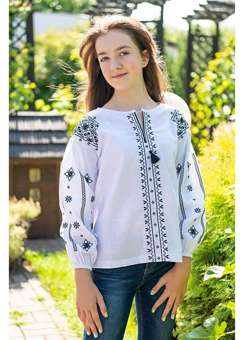 Біла сорочка вишиванка для дівчинки біла льон синій орнамент 122 128 134 140 146 152 158 164 (368782536)