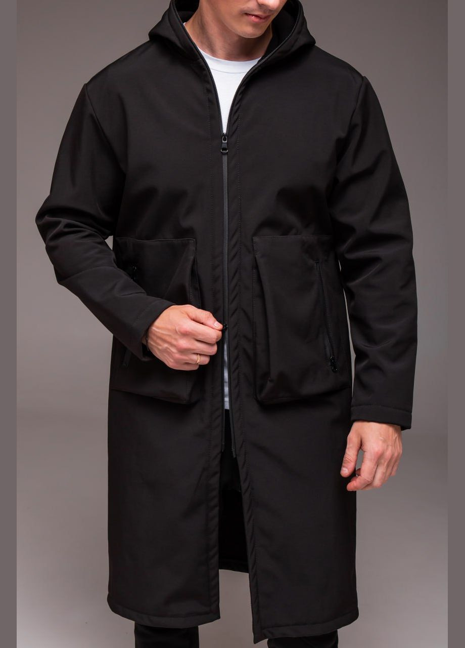 Черное демисезонное Пальто удлиненное Softshell на флисе Vakko