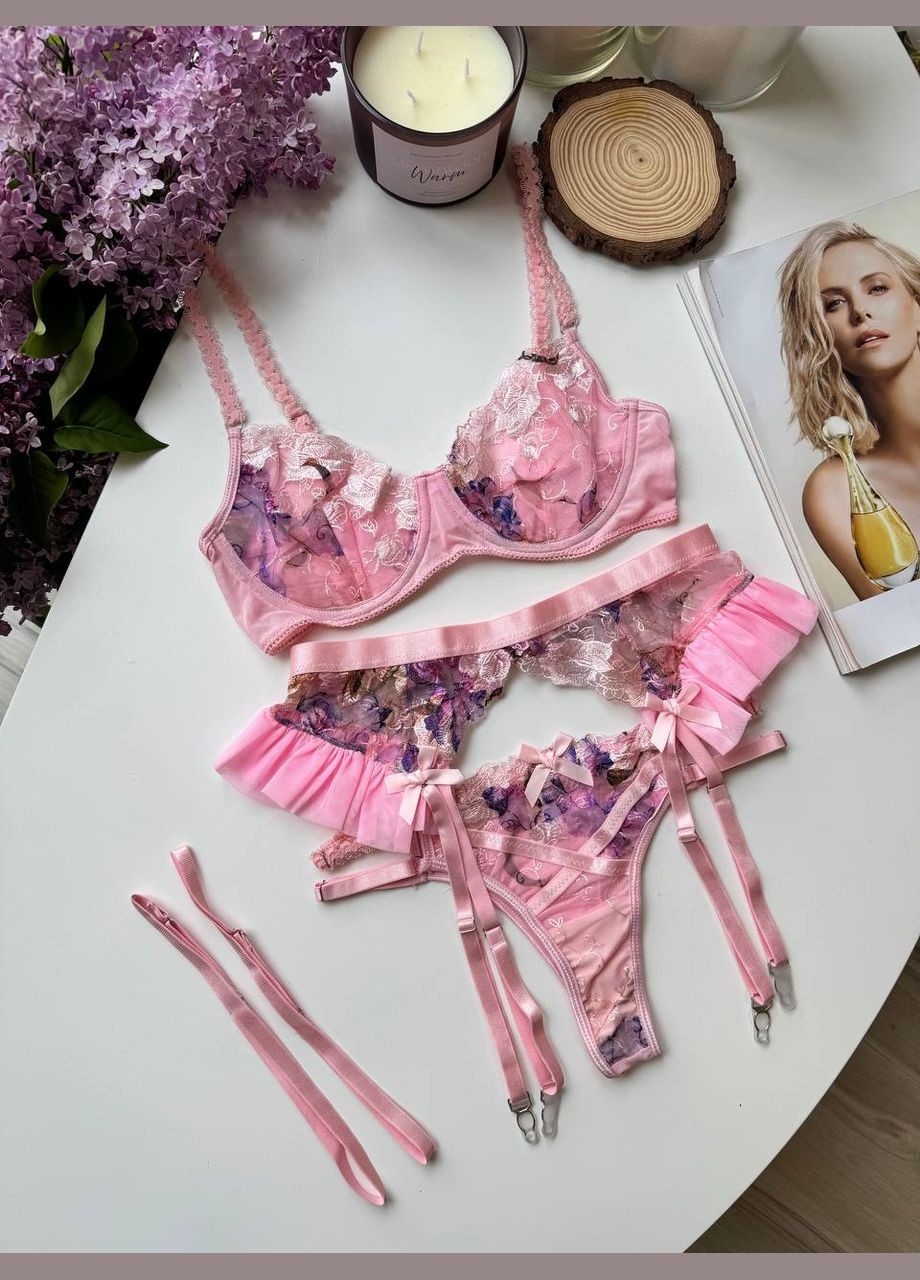 Розовый комплект женского белья с поясом и гартерами Simply sexy