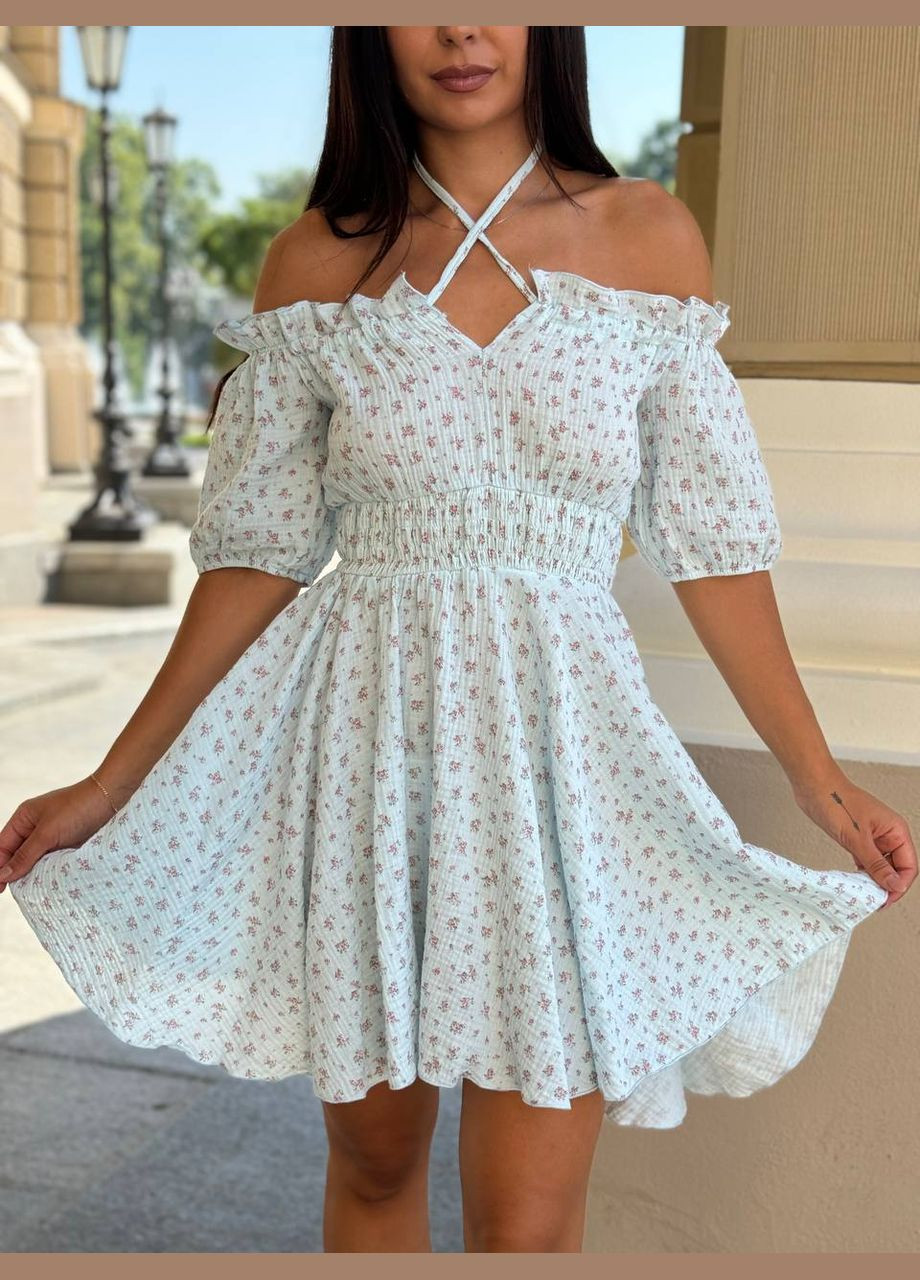 Світло-блакитна повсякденний, пляжна, кежуал жіноча сукня кльош FINO Mode з квітковим принтом