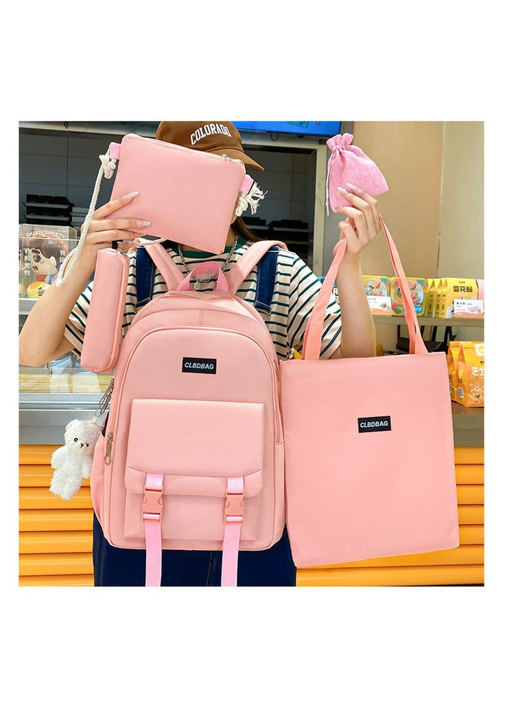 Рюкзак з накладною кишенькою рожевий з сумочками та пеналом в комплекті з брелком ведмедика КиП (277698335)