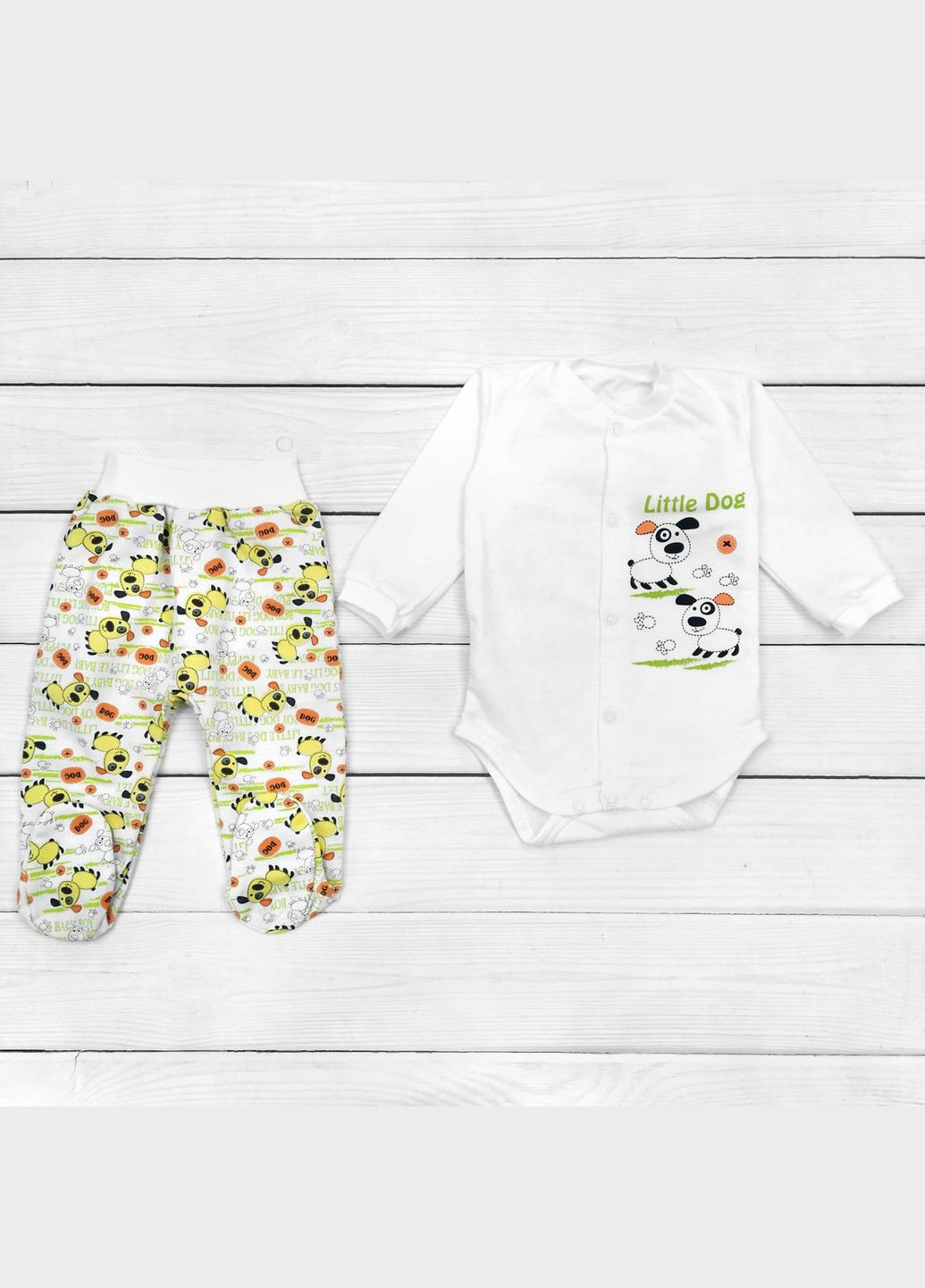 Комбінований демісезонний комплект для дитини боді та штани від трьох місяців совенята молочний білий Malena