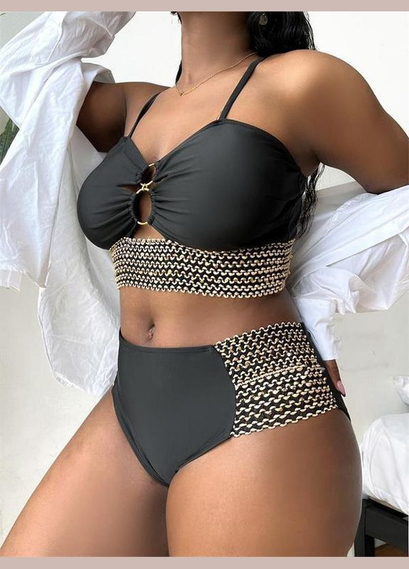 Черный летний женский купальник раздельный черный с кольцами и золотой отделкой большой размер. раздельный No Brand 5425