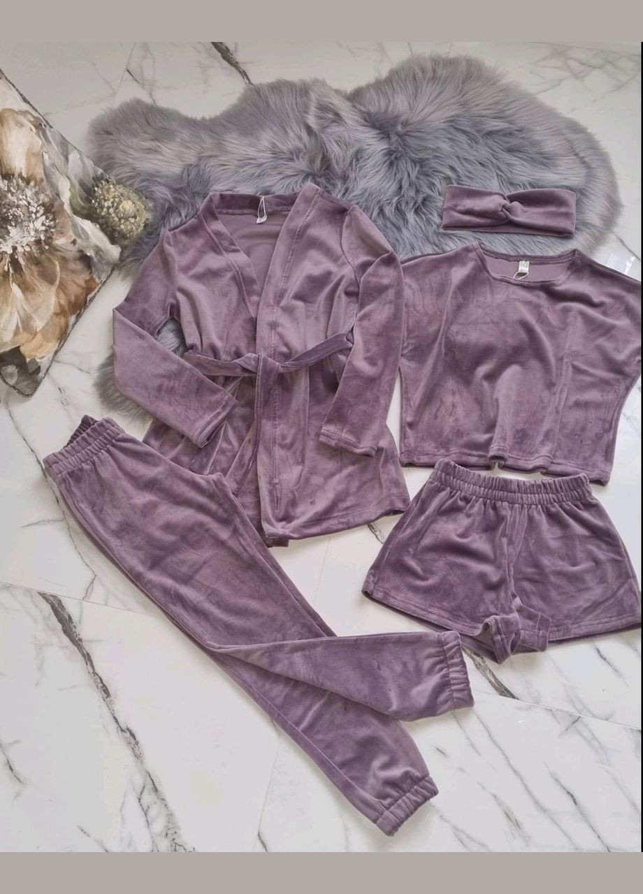 Фиолетовая всесезон пижама детская велюровая на девочку 5 в 1 No Brand