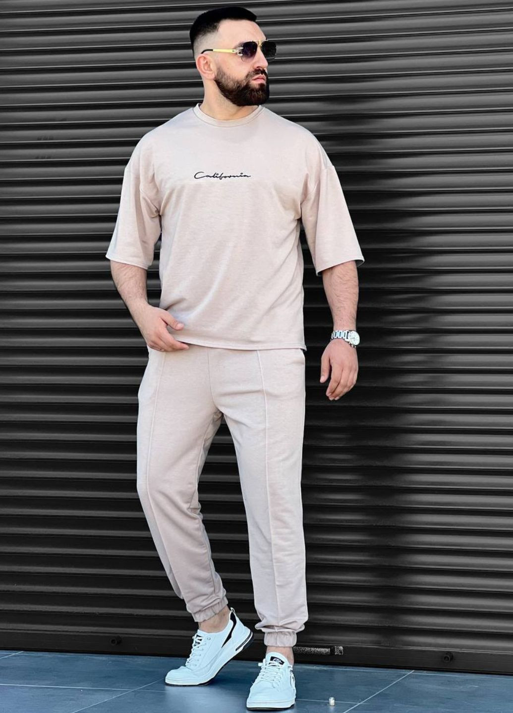 Бежевый летний базовый легкий повседневный костюм двойка с накатом: футболка+джогеры брючный Tik-Tak