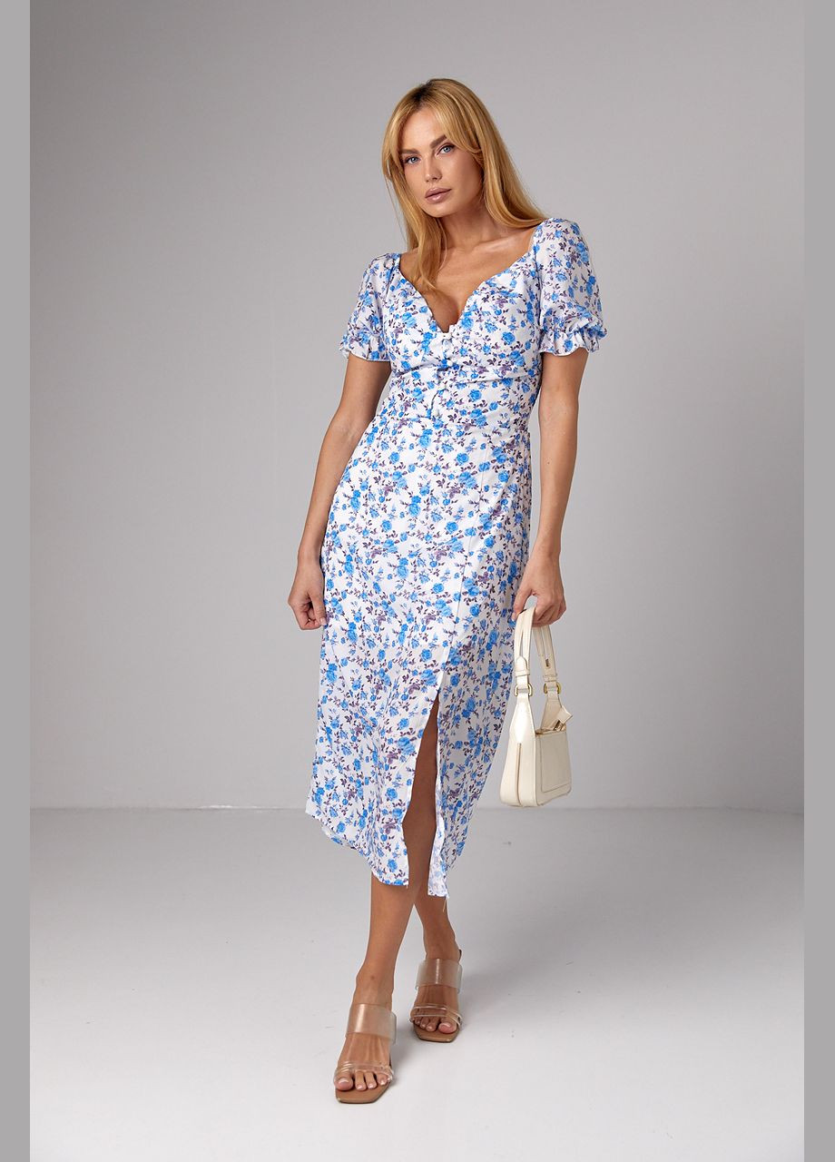 Блакитна кежуал літнє плаття міді з коротким рукавом та відкритими плечима 3297 Lurex з квітковим принтом