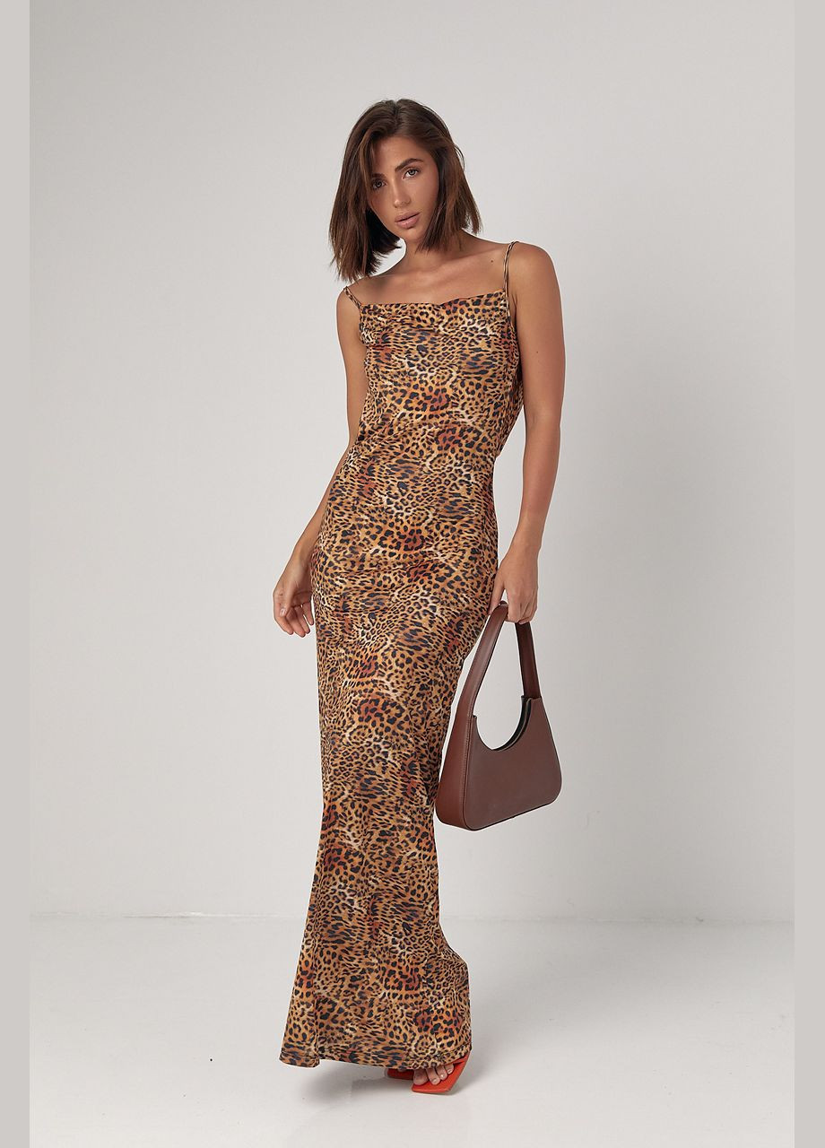 Коричневое повседневный леопардовый сарафан макси с открытой спиной коричневый цвет s с открытыми плечами No Brand леопардовый