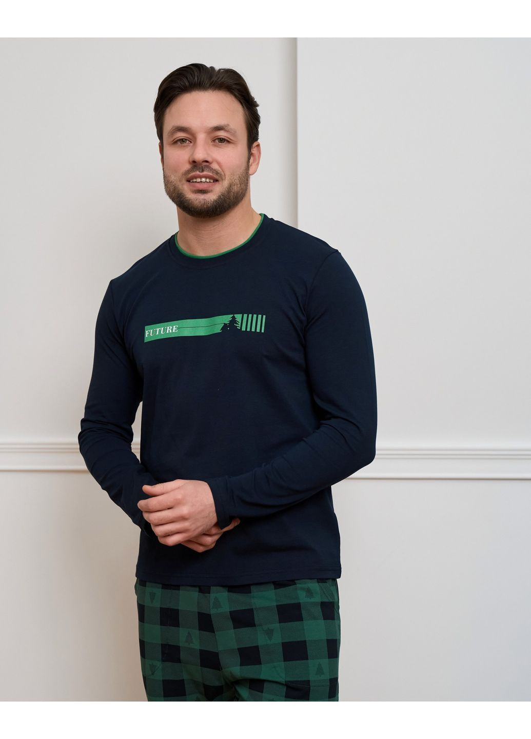 Піжама чоловіч зі штанями в клітинку трикотажна синя Tom John (371141751)