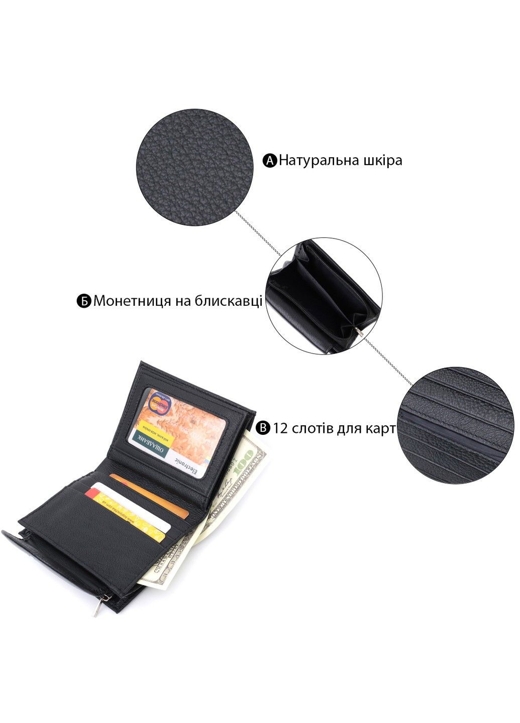Зручний жіночий гаманець із монетницею із натуральної шкіри 22711 Чорний st leather (298111839)