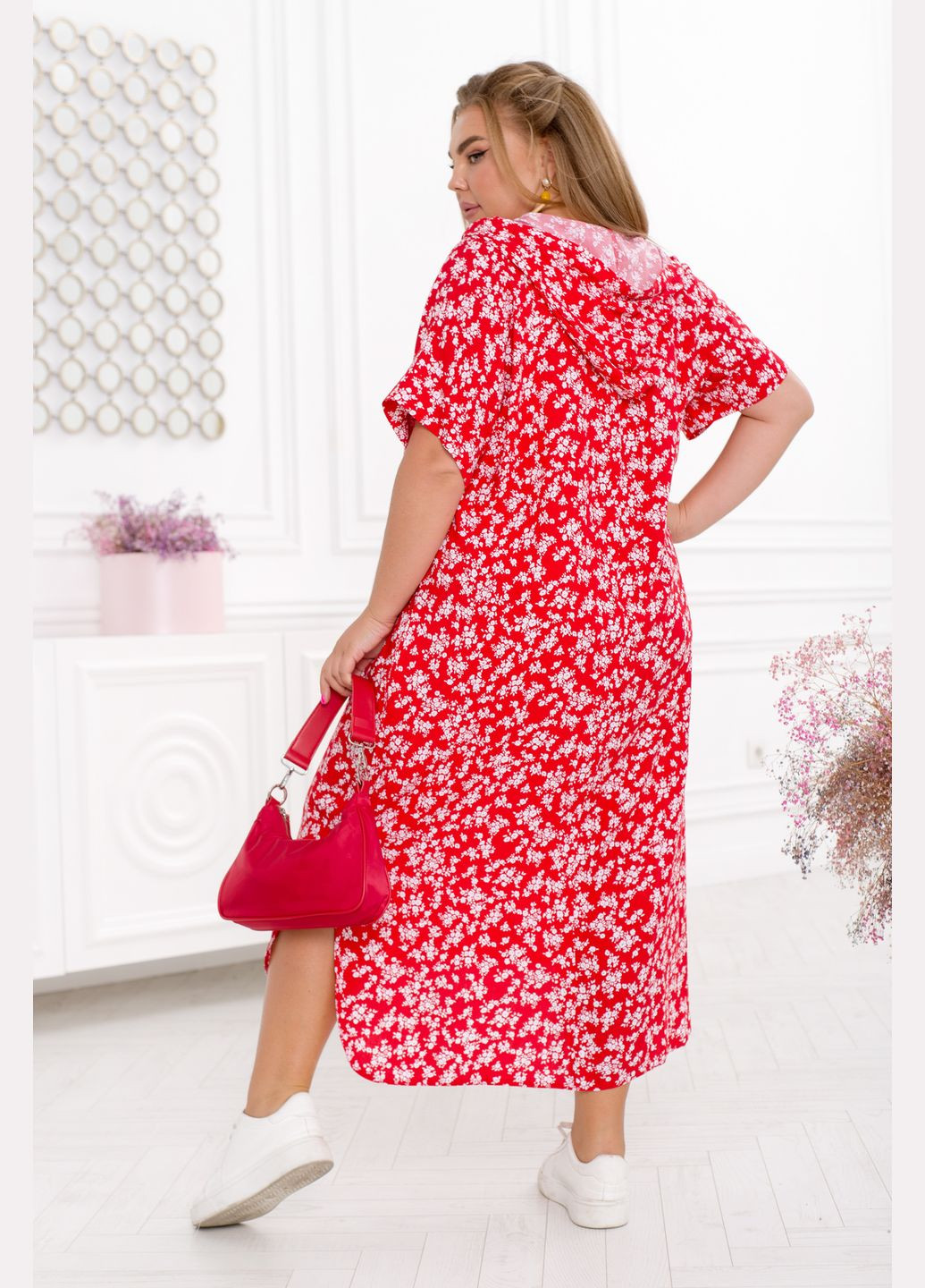 Красное повседневный платье с капюшоном платье-худи No Brand с цветочным принтом