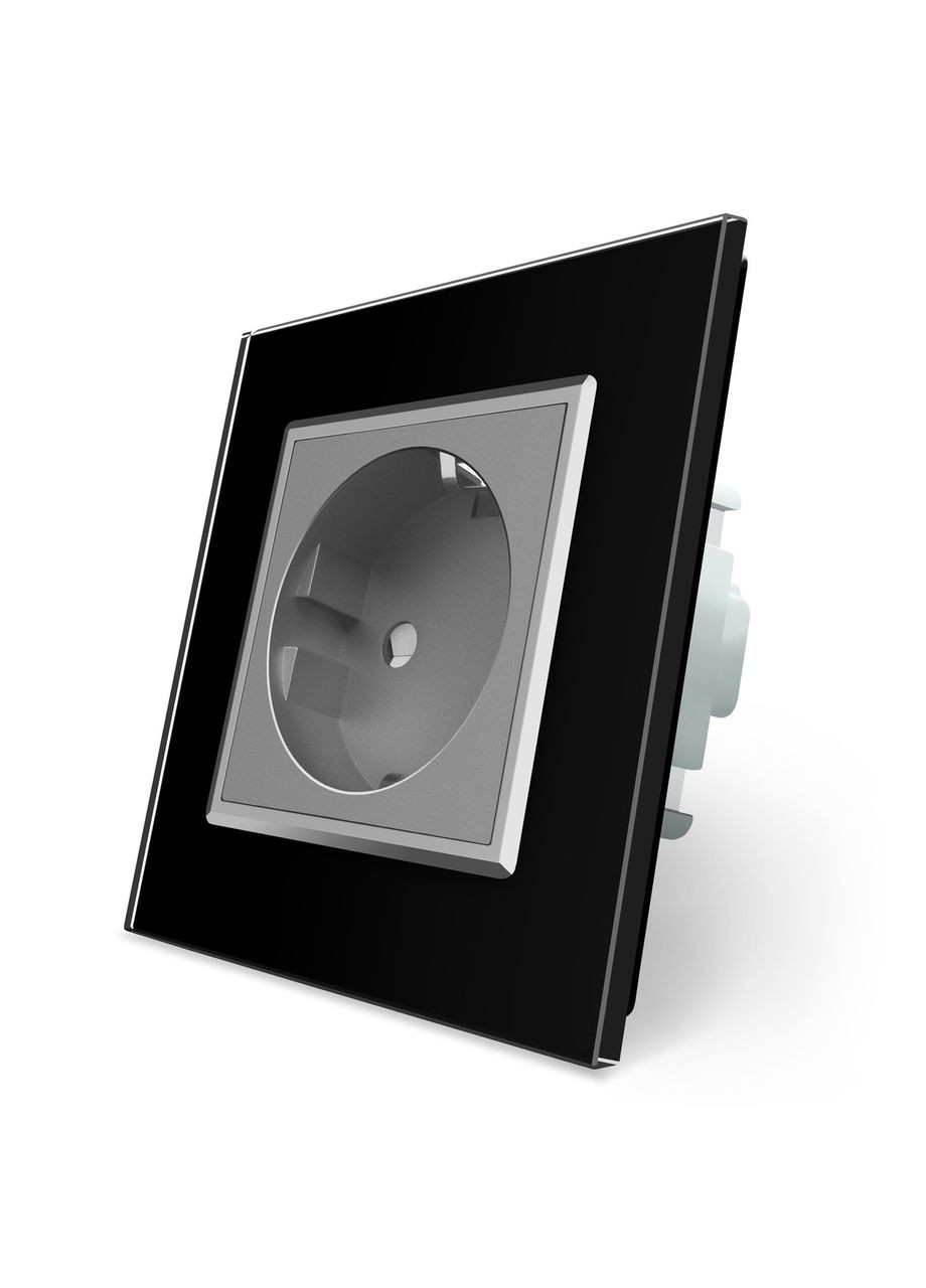 Електрична розетка з заземленням, сіра з чорною рамкою, шторки, скло, 250В 16А (VL-C7C1EU-12/15) Livolo (372162129)