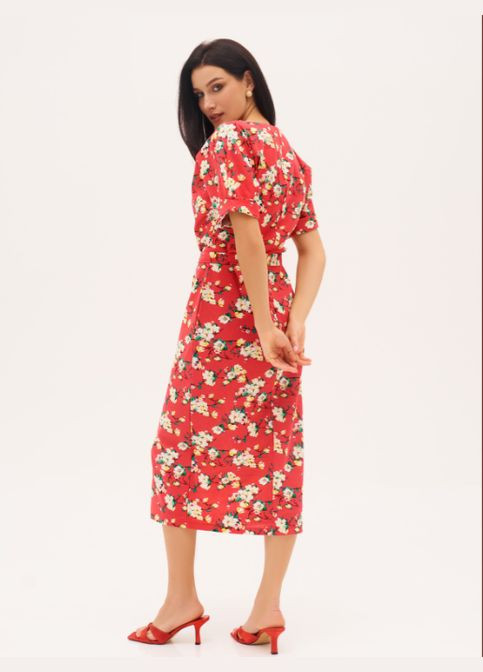 Малиновое коттоновое платье с короткими рукавами No Brand с цветочным принтом