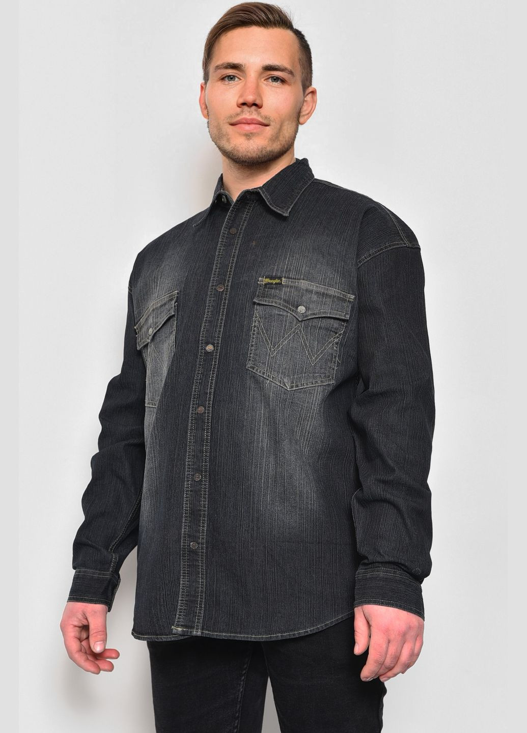 Сорочка чоловіча батальна джинсова чорного кольору Let's Shop (281352733)