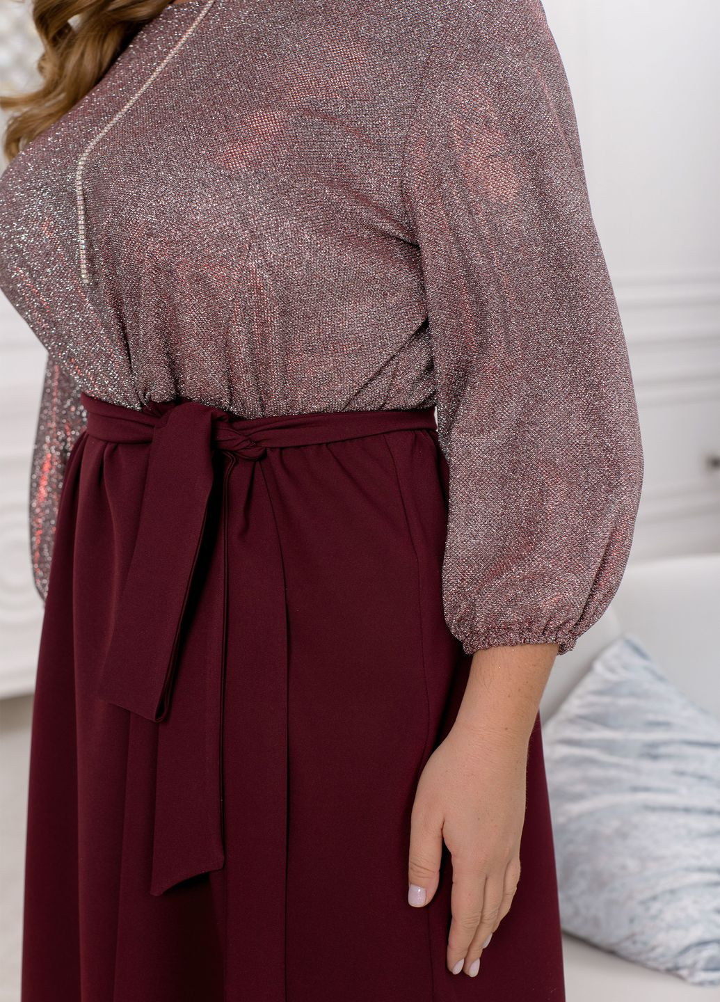 Бордовое праздничный, коктейльное платье с люрексом клеш, колокол No Brand однотонное