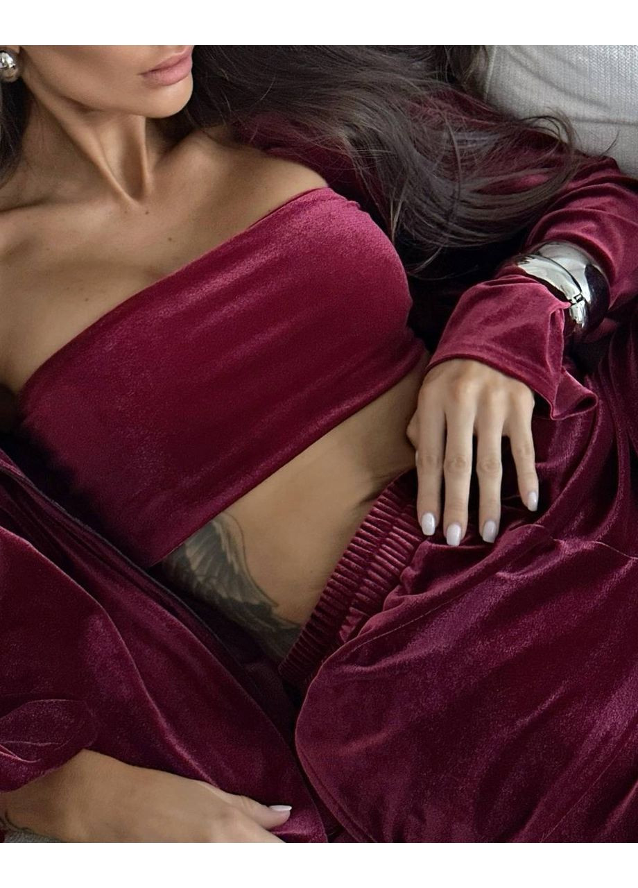 Бордовая всесезон домашний костюм тройка + резинка для волос 🤍 рубашка + топ + брюки GD/GL Модний простір