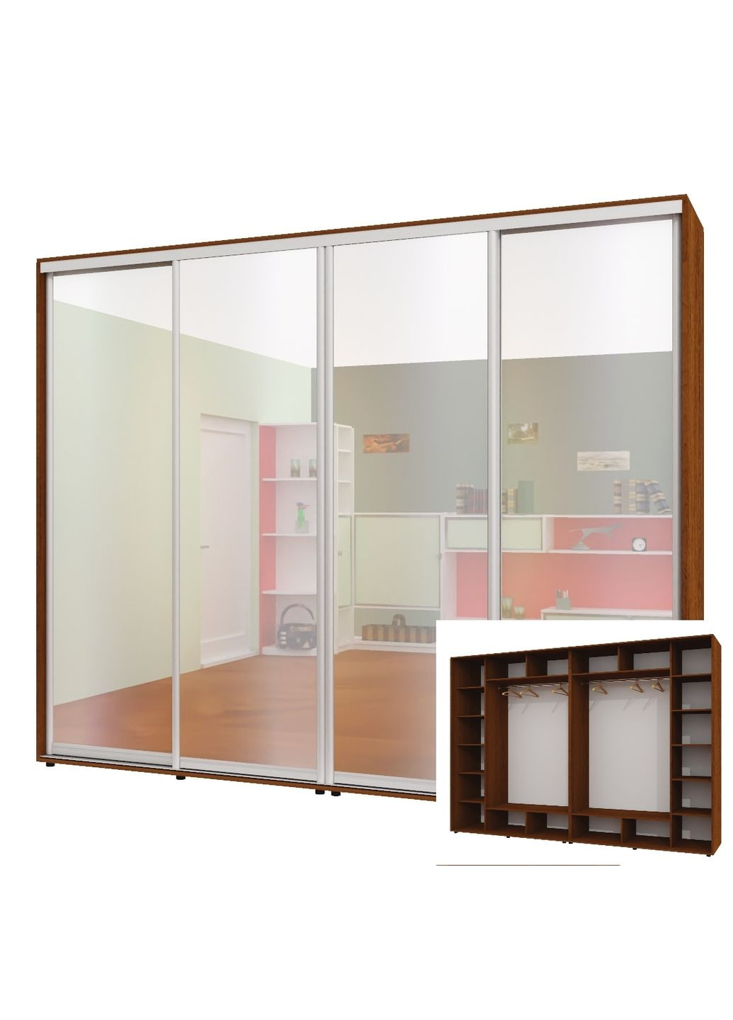 Шкаф-купе четырехдверный 300*60*220 см Орех лесной 4 двери Зеркало ШК-02 Алекса (360447310)