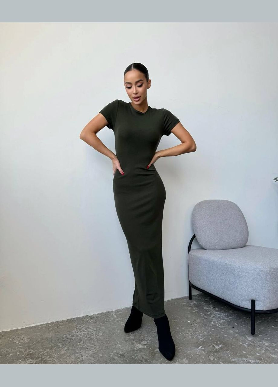 Черное базовое приталенное платье до пола из турецкой ткани, чрного цвета платье с коротким рукавом No Brand однотонное