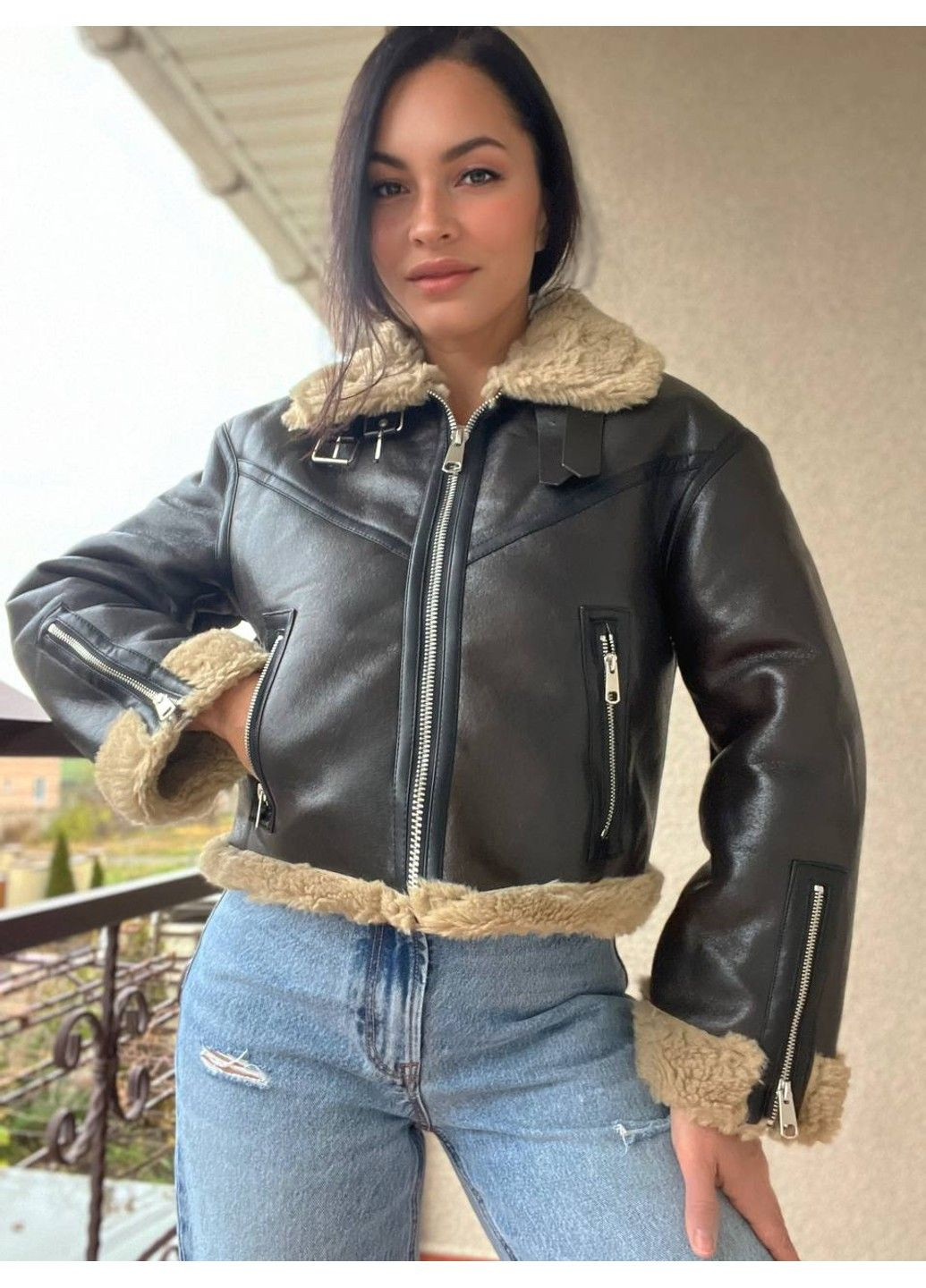 Дубленка женская 2407 короткая молния с мехом экозамш темно коричневая AFTF BASIC (311280506)