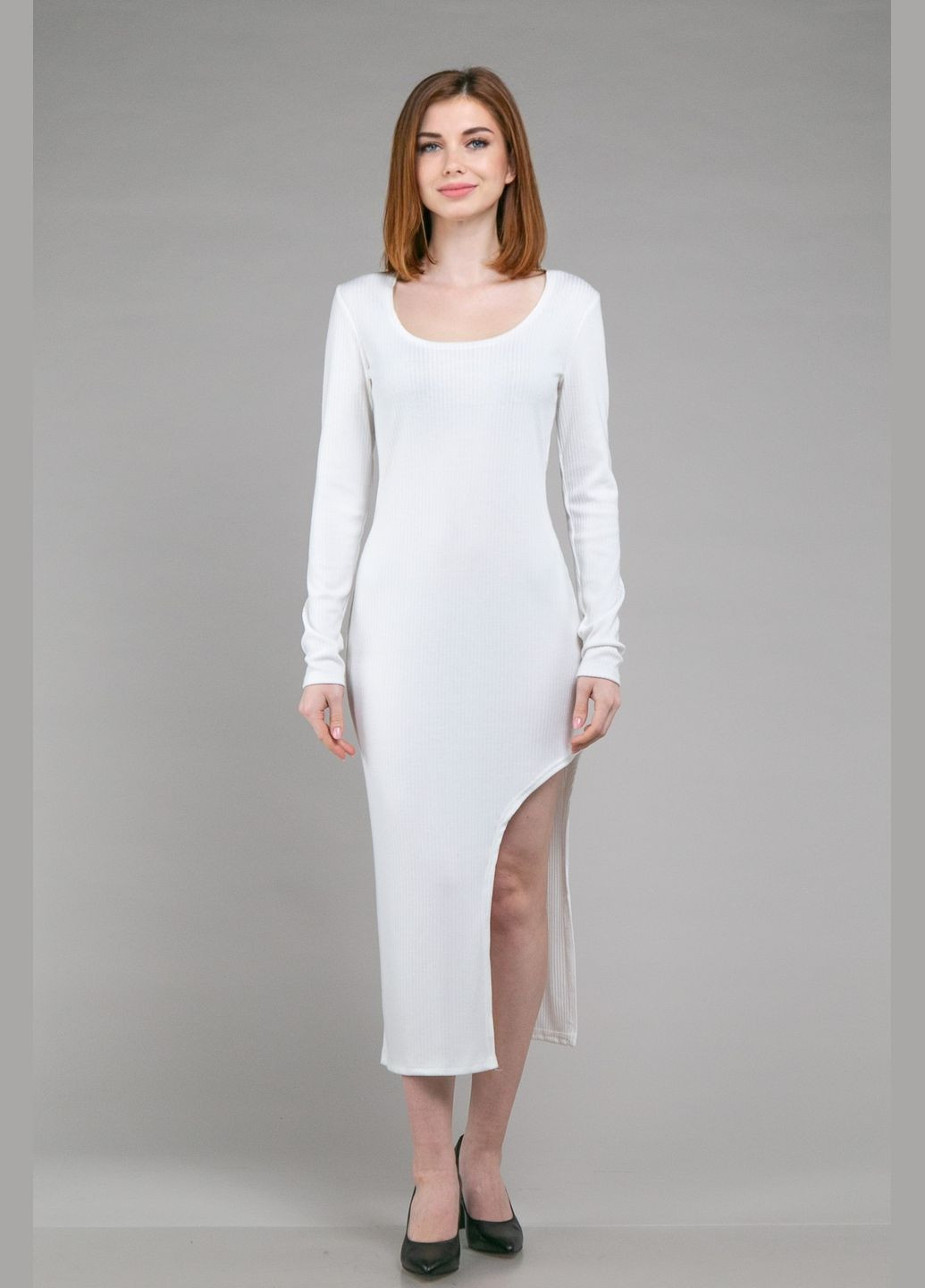 Білий повсякденний, кежуал плаття міді з розрізом в рубчик довгий рукав CHICLY однотонна