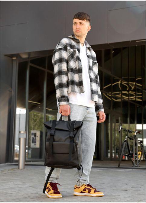 Рюкзак мужской из экокожи ролл RollTop Milton с клапаном Черный Sambag (301871786)