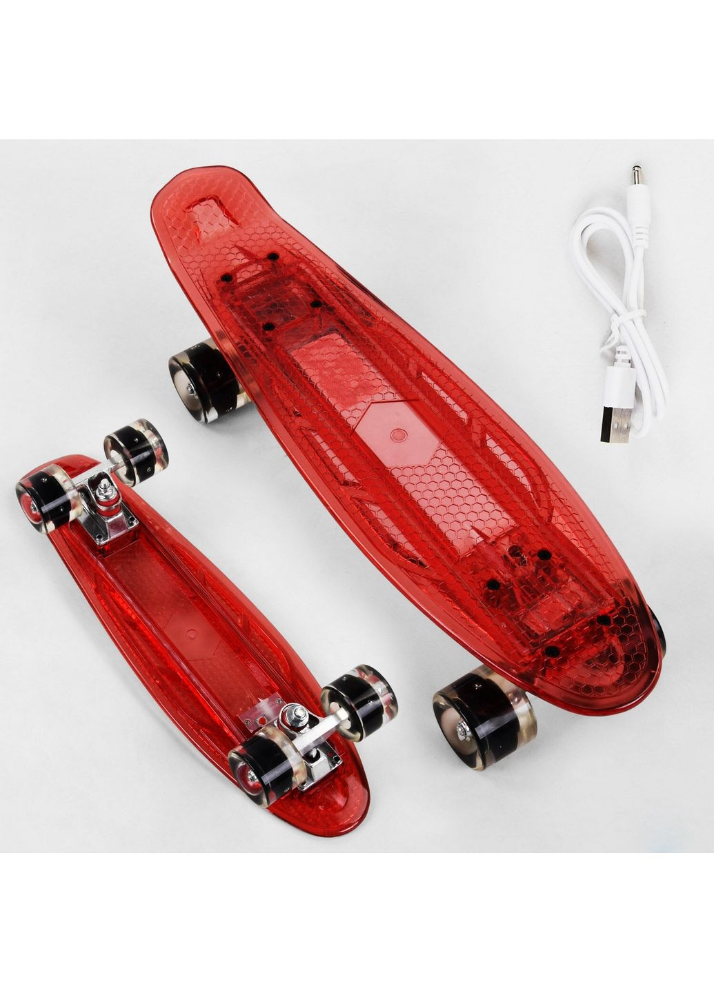 Скейт-пенні борд прозора дека зі світлом, колеса PU зі світлом, зарядка USB 55х15 см No Brand (289363955)