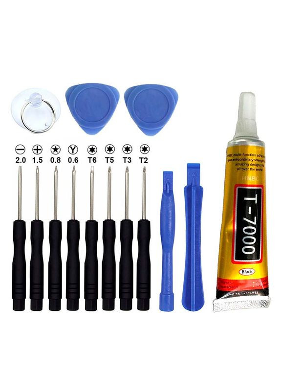 Набір для ремонту смартфона 14 в 1 / викрутки / медіатори / лопатки / присоска / клей T7000 чорний 15 ml No Brand (322567732)