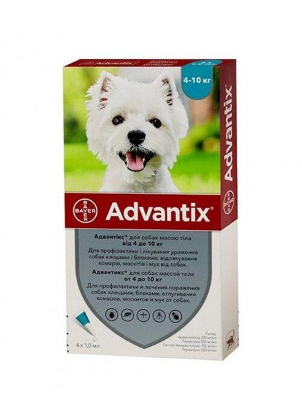 Краплі від бліх, кліщів Advantix АДВАНТИКС для собак 410 кг, 4 піпетки*1 мл (47230) Bayer (278307666)