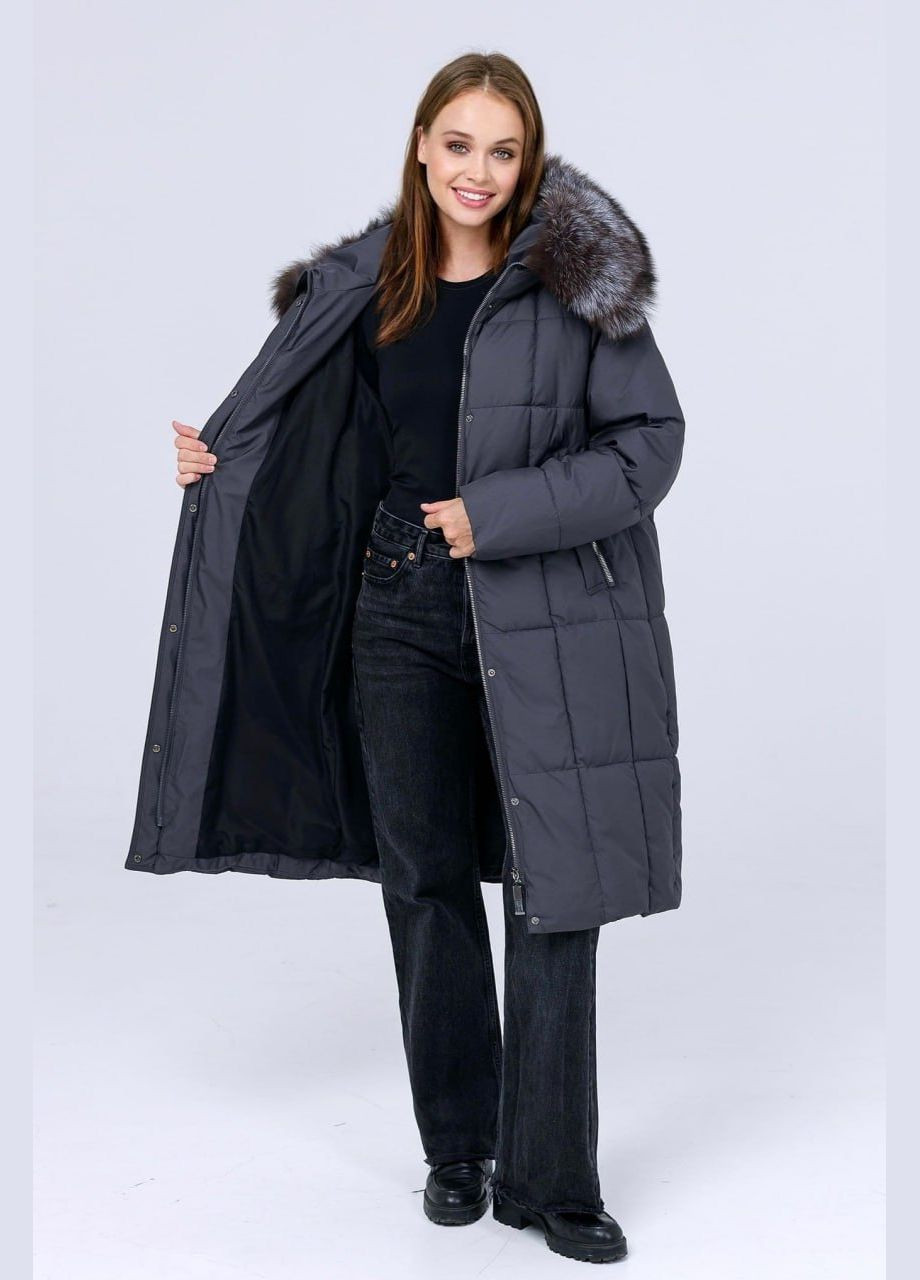 Темно-серая зимняя пуховик с натуральным мехом Lora