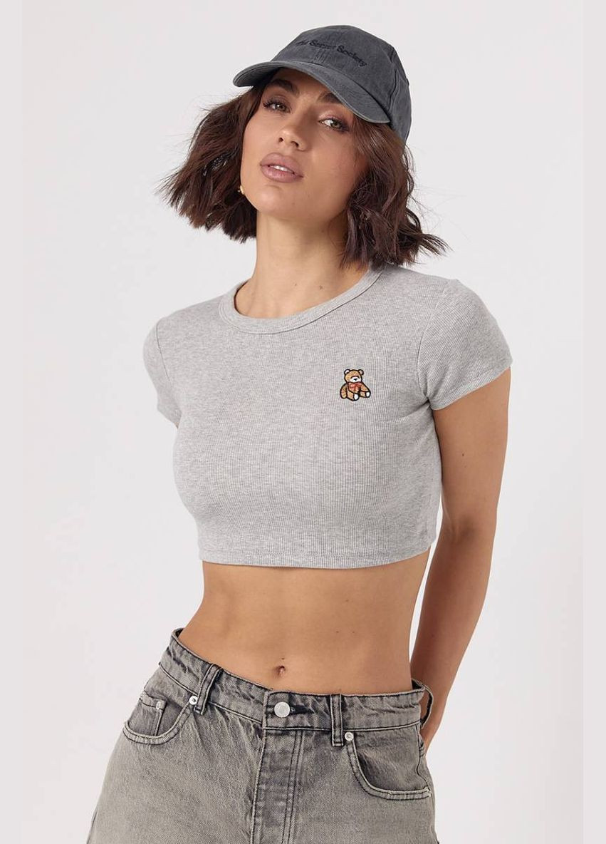 Короткая женская футболка в рубчик с мишкой Lurex Футболка - (327088365)