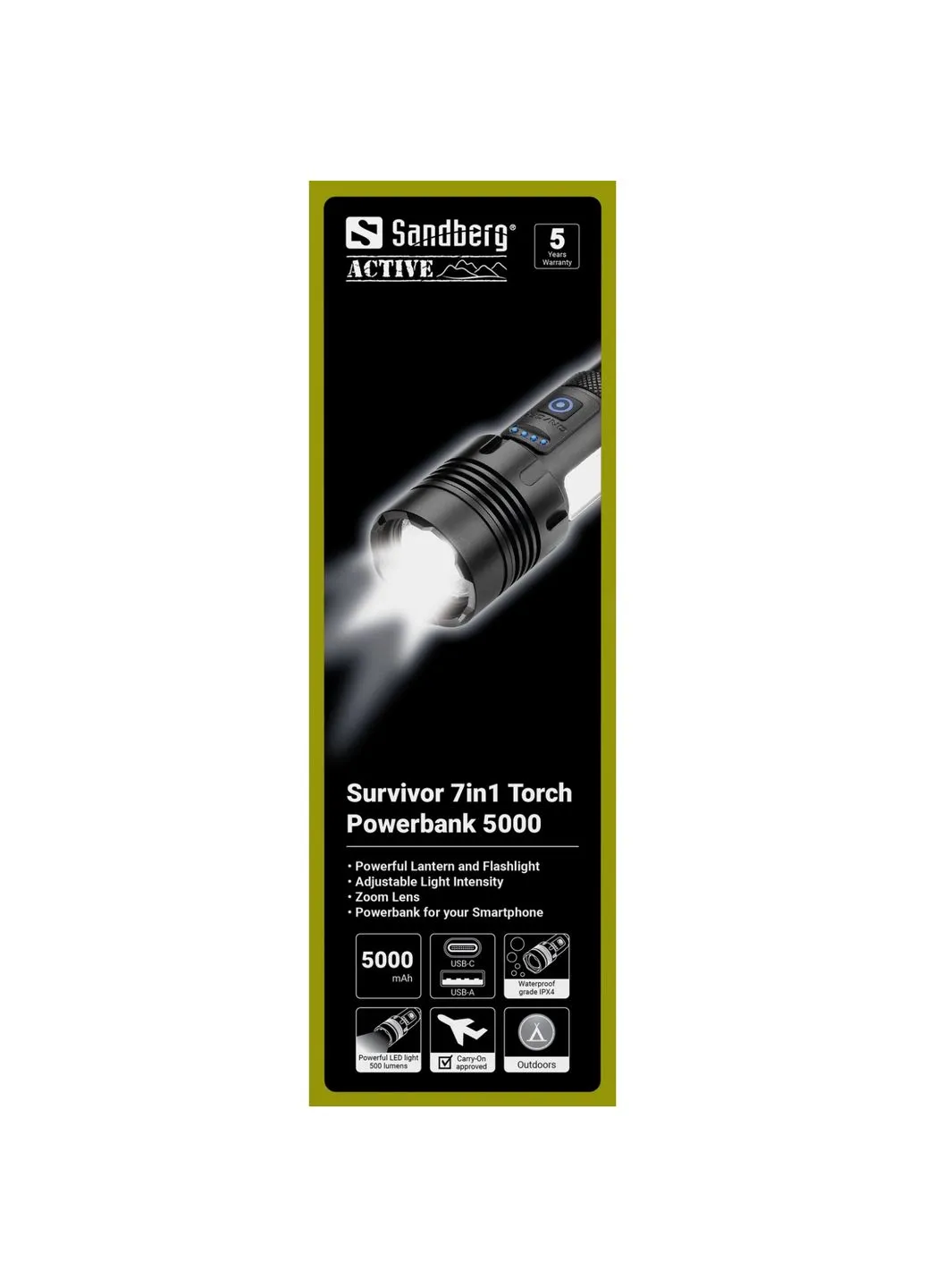 Оригинал! Фонарик-повербанк Survivor 7 in 1 Torch Powerbank 5000 mAh XHP50 LED USB-C 5W Sandberg (399788007)