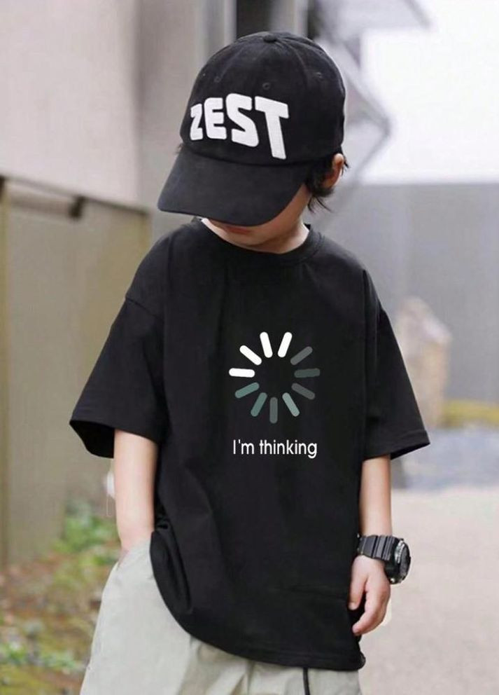 Черная летняя детская футболка с дтф (оверсайз) No Brand