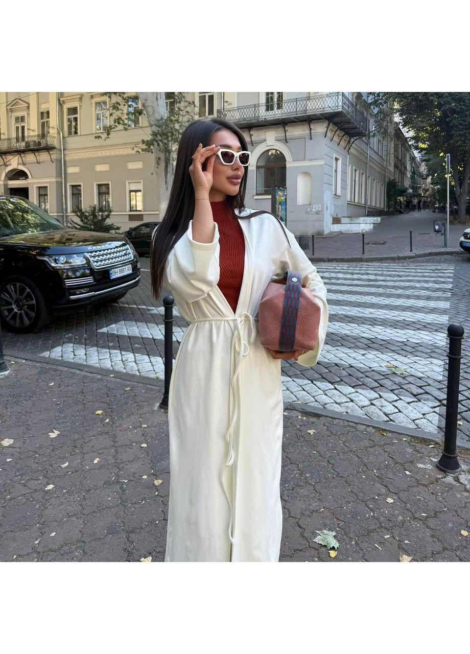 Молочний демісезонний жіночий комплект (кардіган + брюки палаццо + пояс) Україна