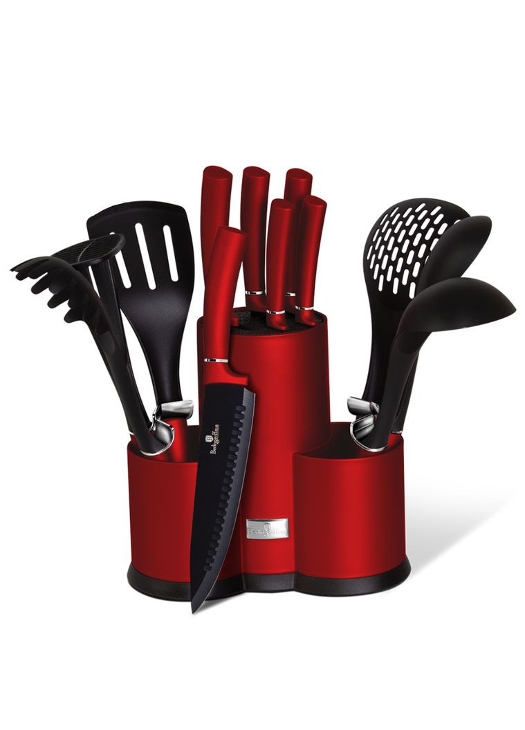 Набір кухонних приладдя і ножів з підставкою 12 предметів Metallic Line Burgundy Edition BH6248 Berlinger Haus комбінований,