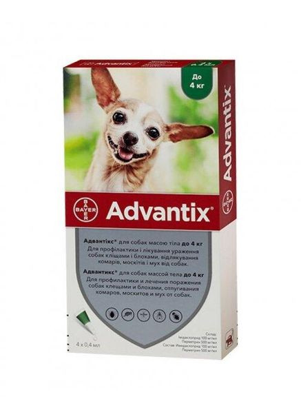 Краплі від бліх, кліщів Advantix АДВАНТІКС для собак до 4 кг, 4 піпетки*0.4 мл (47223) Bayer (278309694)