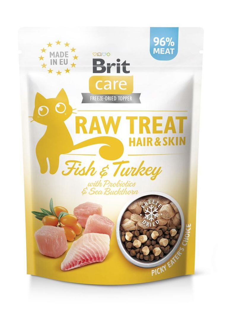 Ласощі для котів Brit Raw Treat Hair & Skin Freeze-dried з рибою та індичкою, 40 г Brit Care (293175929)